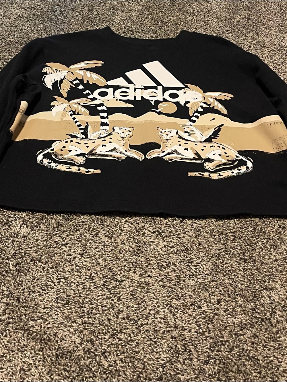 adidas Black Sweatshirt with Tan and White Tropical Graphic